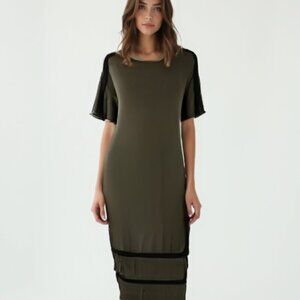 NWT Paraphrase Green Sheath Midi Dress Crew Neck Short Sleeve M